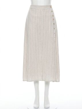 NEW CHARLIE B printed long striped linen skirt with coconut buttons in natural
